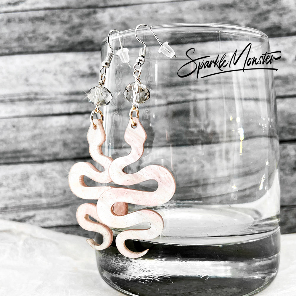 Corra Earrings - light pink pearl laser cut acrylic, snake dangle earrings, pastel goth, witchy, pagan