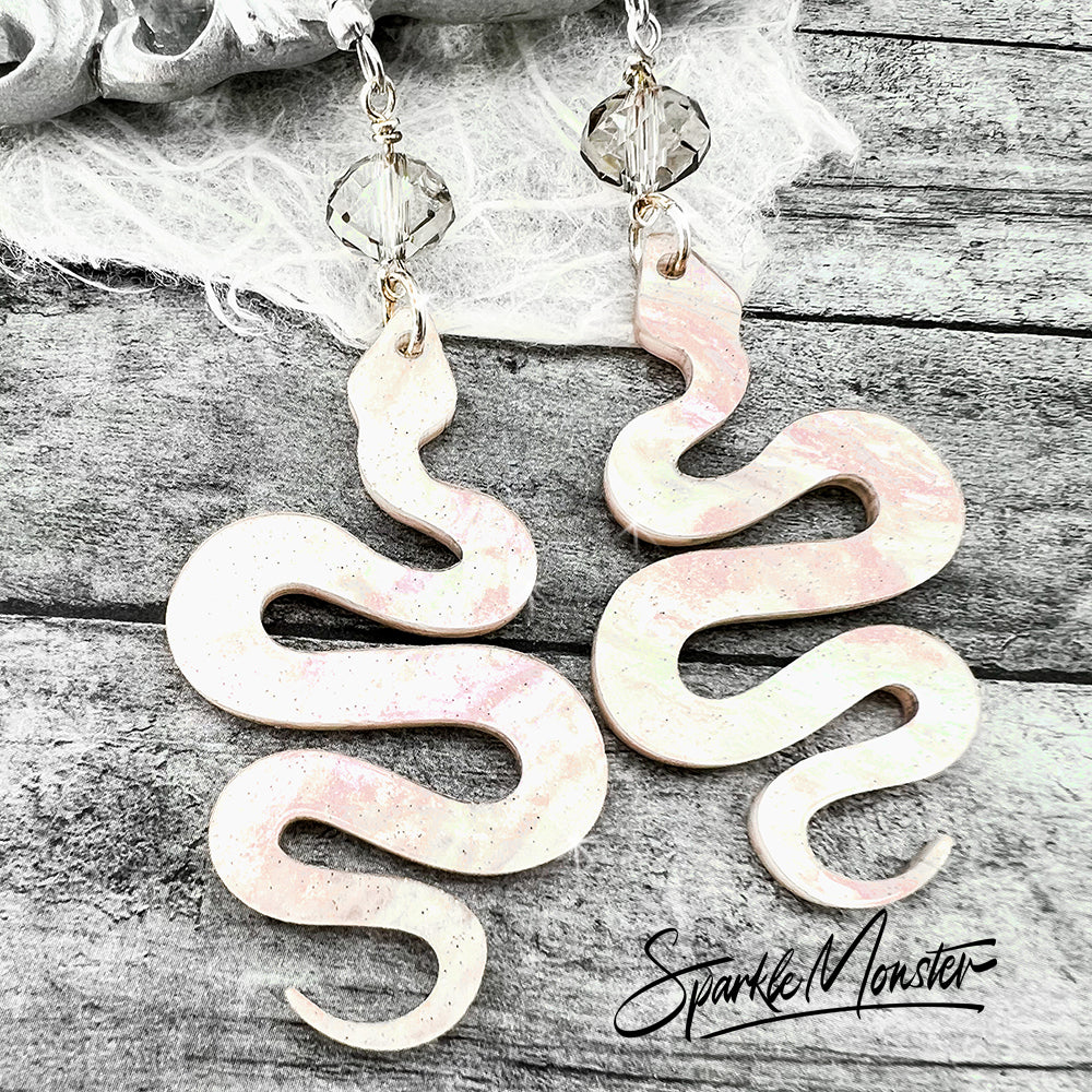 Corra Earrings - light pink pearl laser cut acrylic, snake dangle earrings, pastel goth, witchy, pagan