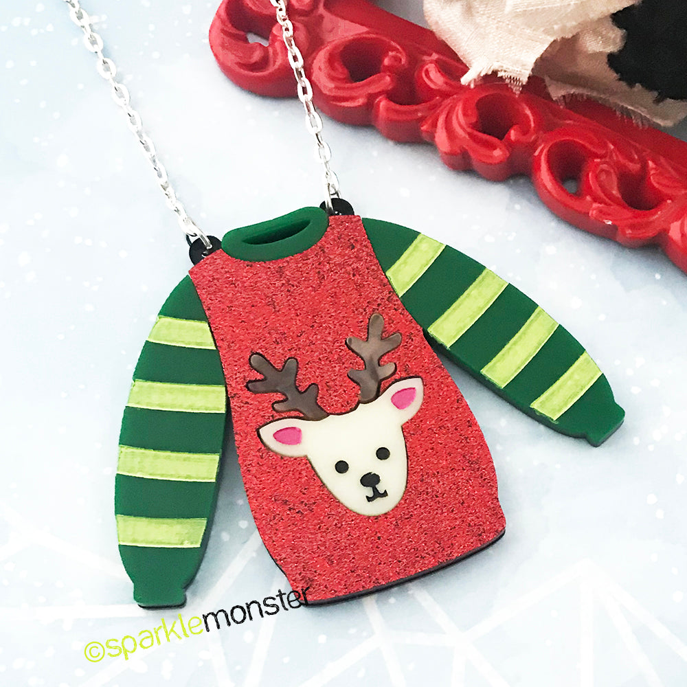 LUCKY LAST! Reindeer Sweater Necklace, large laser cut acrylic pendant, sale