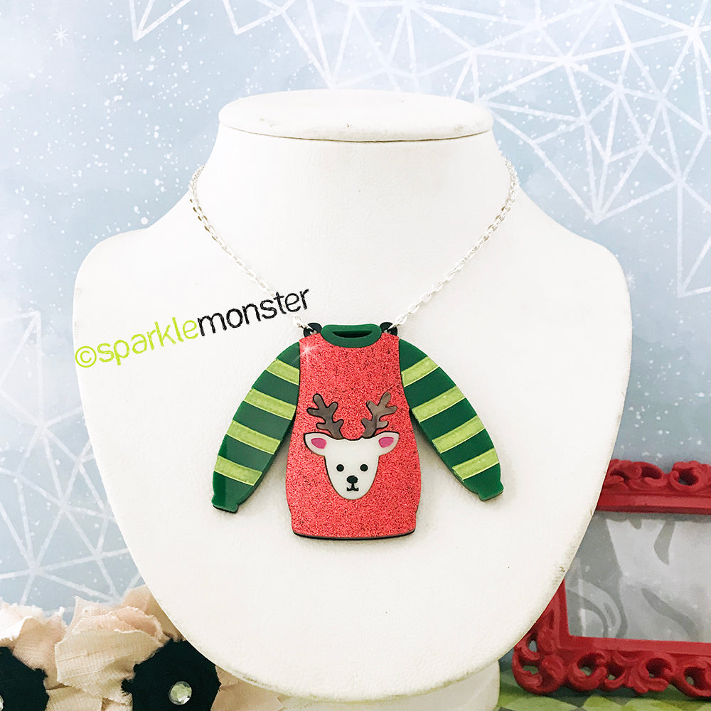 LUCKY LAST! Reindeer Sweater Necklace, large laser cut acrylic pendant, sale